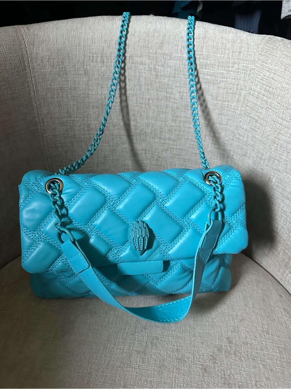 Quilted Turquoise Shoulder Bag with Chain-Accent Strap interior accent